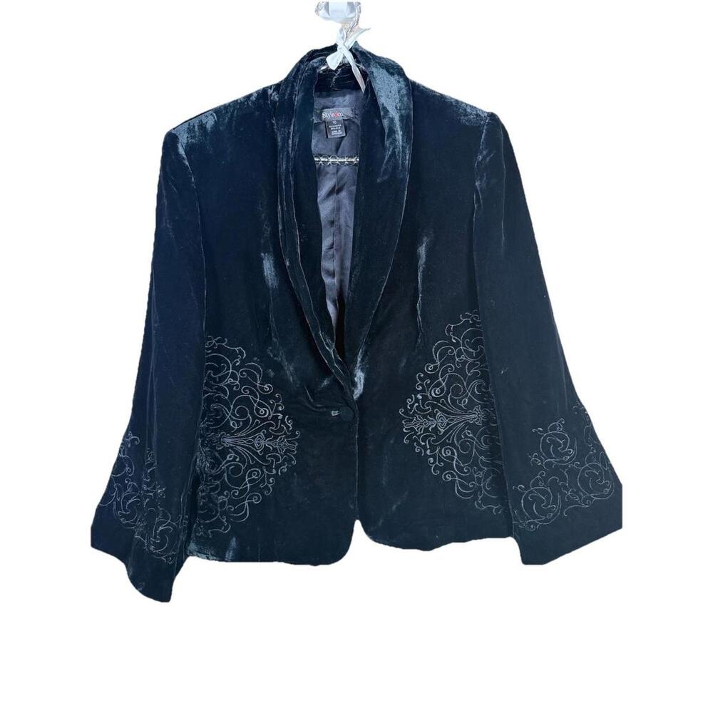 Style&Co. Women's Black Velvet Sz 10 Embroidered Single‎ Breasted Jacket Blazer